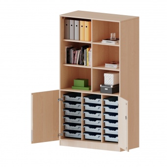 ErgoTray Schrank, 3reihig, 2OH unten Türen, 18 flache Boxen, oben 3OH Regal, B/H/T104,5x190x50cm 